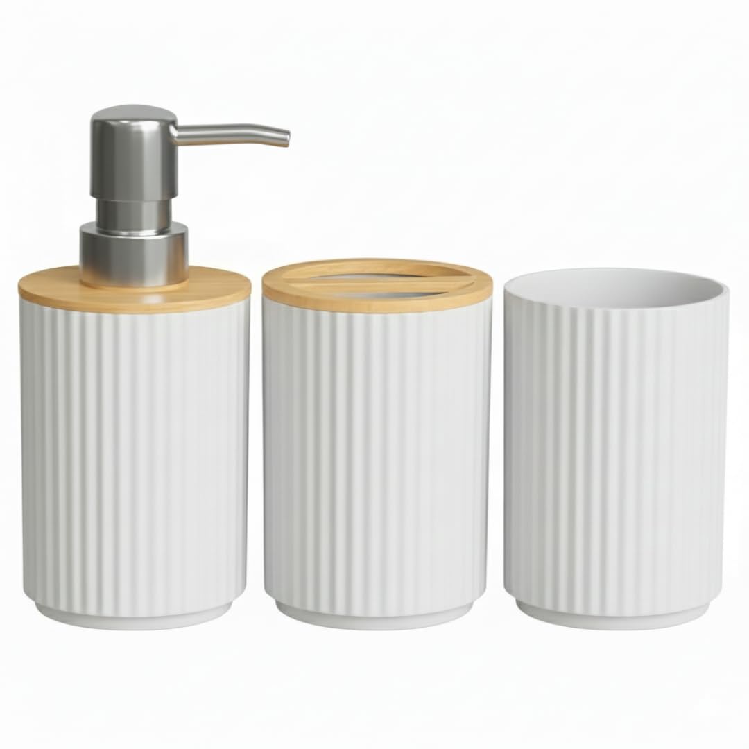 Juego de Accesorios de BaƱo de 3 Piezas con un dispensador de jabón Blanco, un Vaso para Cepillo y un Vaso para hisopos, Accesorios para baƱo, jabón lĆquido y Gel Recargable realzando el baƱo