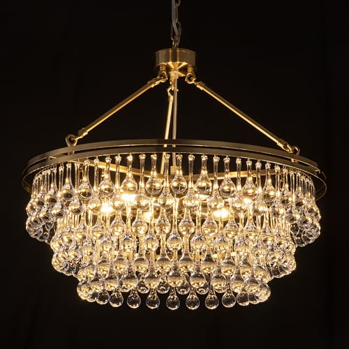 TOCHIC Modern Crystal Chandelier for Dining Room, 24 inch Gold Chandeliers Light Fixtures High Ceiling Crystal Pendant Lighting for Bedroom, Kitchen Island Light, Living Room Chandelier, 3 Tiers