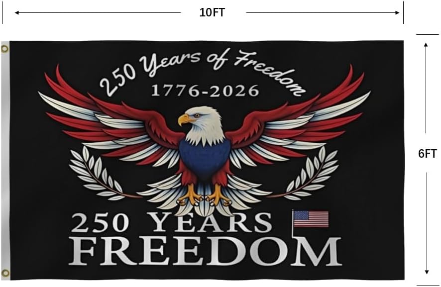 250 Years Of Freedom Blue Flags 6X10Ft, 250th Birthday Flag, Men Women Banner,Vibrant Colors, Double Stitched with 2 Brass Grommets, Bar Garden Street Decoration, GYM, Office Decor,Indoor Outdoor Use,Gifts. (Black, 6x10ft)
