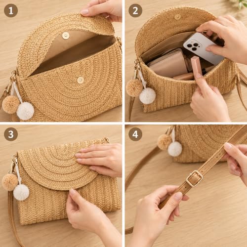 Image of Women Straw Crossbody Handbag, 10.63 x 7.87in, Detachable Strap