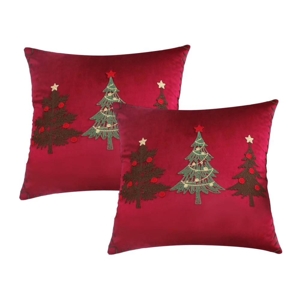 MiOYOOW 2PCS Christmas Cushion Covers, Soft Comfortable Pillow Cases with 3D Embroidery Xmas Tree Pattern for Sofa Couch Bed Bedroom Living Room