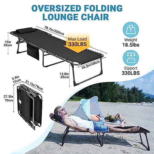 KingCamp Oversized Adjustable 5-Position Folding Chaise Lounge Chair for Outdoor Patio Beach Lawn Pool Sunbathing Tanning, Heavy Duty Portable Camping Recliner with Pillow, Supports 330lbs, Black - Thumbnail 2