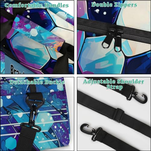 Personalized Boys Sports Soccer Duffel Bag, Custom Sport Gym Bag Large Compartment Cheerleaders Dance Bag Weekender Bags Travel Training Bag for men, Soccer Blue Purple Painted4