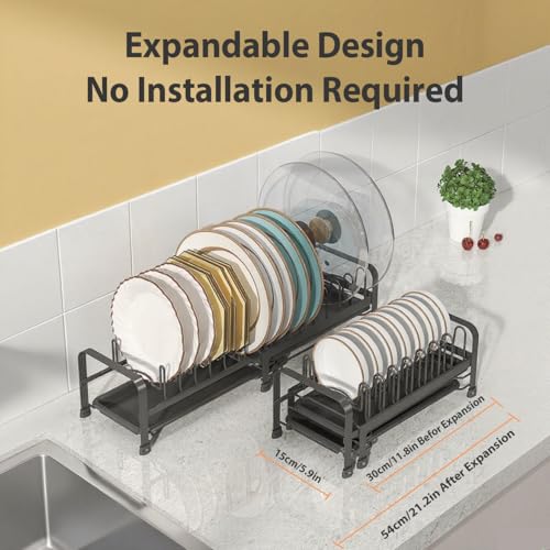 Image of DEVA Dish Drying Rack, Expandable Utensils Drying Rack, Space Saving Stainless Steel Dish Rack with Drainer Tray.