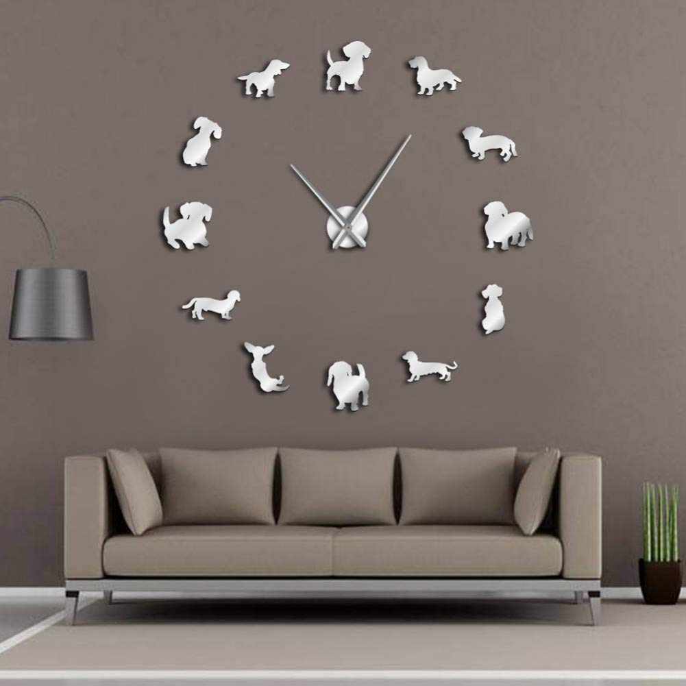 Grande horloge murale design frameless effet miroir brillant dog