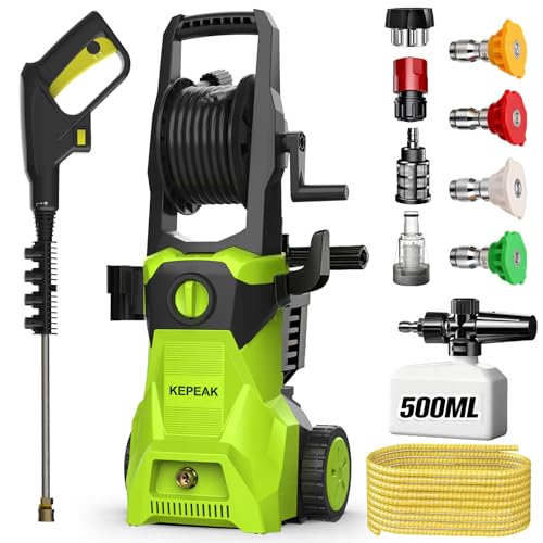 Image of KEPEAK 5000PSI Portable PowerWasher with 4 Quick Connect Nozzles, Foam Cannon, 52ft Hose Reel, for Cars Fences Driveways Patios