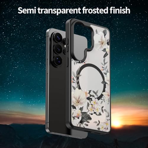 Image of VONZEE Compatible with Samsung Galaxy S26 Ultra 5G Case Luxury Retro Flowers Floral Clear for Magnetic Wireless Charging Case Shockproof PC+TPU Cute Glossy Shiny Cover for Girls Women, Black