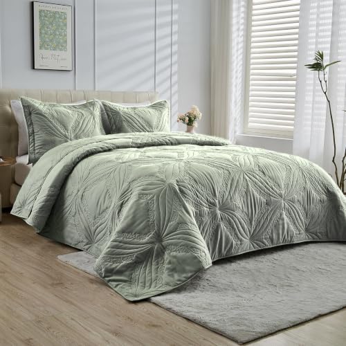 Image of Kingnex Oversized King Bedspreads 128x120 Ultrasonic Quilted Sage | Extra Wide Coverlet for Tall Split King Adjustable Bed or Cal King Size, 3 Piece Include 1 Quilt, 2 King Size Pillowcases