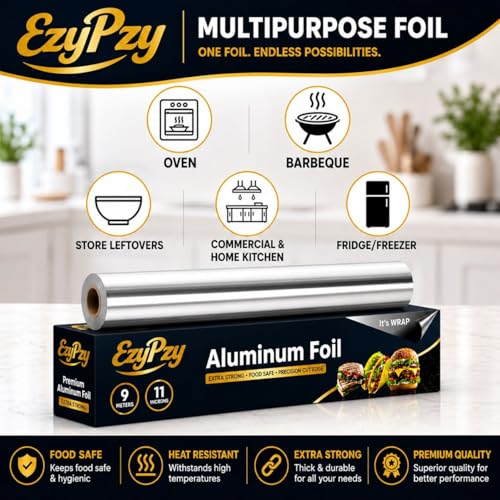 Image of Aluminium Foil Roll, Extra Strong, Non-Stick, Grease Proof, Food Safe, 9 Metres, for Oven, Barbeque and Kitchen Use
