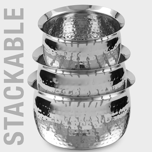 Stainless Steel Biryani Handi Set | Premium Steel Hammered Finish Tope, Patila Handi | Hammered Design, Tableware & Serveware for Home, Kitchen & Restaurants (1.5 Quart, 2.1 Quart & 3.7 Quart) - Image 4