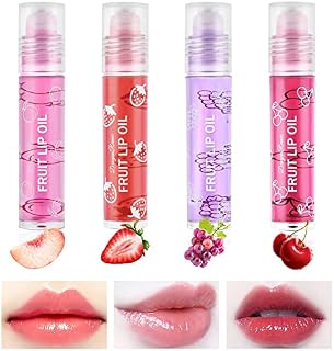 AOOWU 4 Pcs Hydrating Lip Oil Set, Fruit-Flavored Plumping Lip Oil For Dry Lip, Long Lasting Lip Glow Balm Lip Care, Transparent Moisturizing No-Sticky Lip Gloss(Peaches, Strawberry, Grape, Cherry)