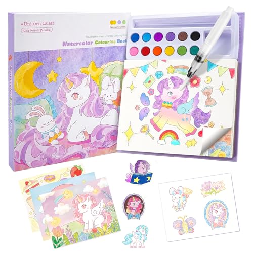 Sekfpnk Libro da colorare con acquerelli per bambini, set di acquerelli a 12 colori, giocattolo educativo, contiene 24 fogli di carta, adatto per ragazzi, ragazze dai 3 anni in su, da colorare