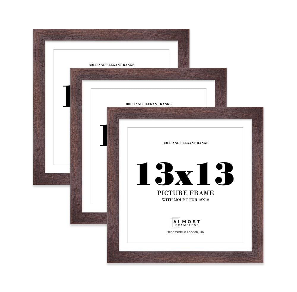 13x13" Walnut Square Frame With Mount for 12x12" Pictures 28mm Edge Frame Display with Wall Hooks, 3 Pack