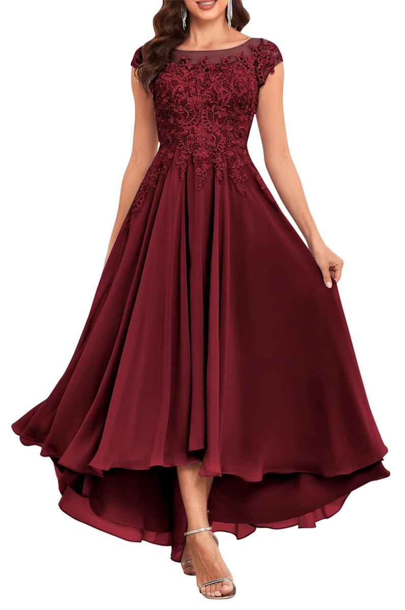 Kurface Women's Burgundy Mother Of The Groom Dresses For Wedding Tea Length Petite Lace Appliques Chiffon Prom Formal Gowns Uk16