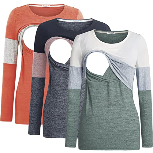 Image of Bearsland Women's 3 Packs Maternity Clothes Long Sleeves Breastfeeding Shirts Nursing Top