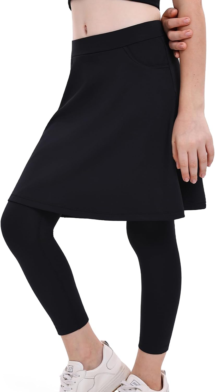 Girls Midi Length Skirts with Full Length Leggings,Knee Long Skorts Leggings with Arc-Shaped Pockets for Girl Athletic Skirts