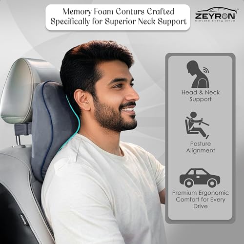 Image of Premium Car Neck Rest Pillow with 3-Year Warranty | Ergonomic Memory Foam Neck Pillow for Car | Exquisite Neck Rest with Elegant Packaging | Grey with Blue Piping (Pack of 1)