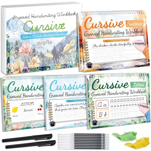 gisgfim 4 Pack Grooved Cursive Handwriting Workbook Kit Magic Reusable Grooved Handwriting Practice with Disappearing Ink Pens Cursive Kickoff Student Workbook for Kids Words Letters Sentences Reading
