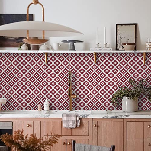 Alwayspon 25Pcs Tile Sticker, Red Moroccan Self Adhesive Stick on Tiles Transfer Sticker for Bathroom Kitchen, Splashback for Cookers, Peel and Stick Adhesive Vinyl Wall Tiles Sticker, 15cm/6inch
