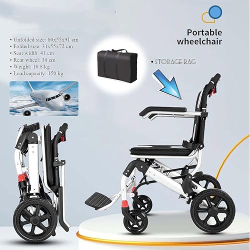 Faltbarer leichter Rollstuhl bis 150 kg Tragfähigkeit, Transportstuhl für Zuhause und Reisen, Aluminiumrahmen, 41 cm Sitzbreite