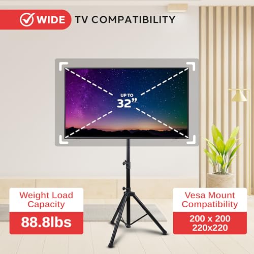 Image of Pyle Premium LCD Flat Panel TV Tripod Stand, Portable & Foldable TV Mount for LCD /LED Flat Screen TVs up to 32 inch, Adjustable Height, 88.8 lbs Capacity, VESA 100x200 /200x200 - (PTVSTNDPT3215)