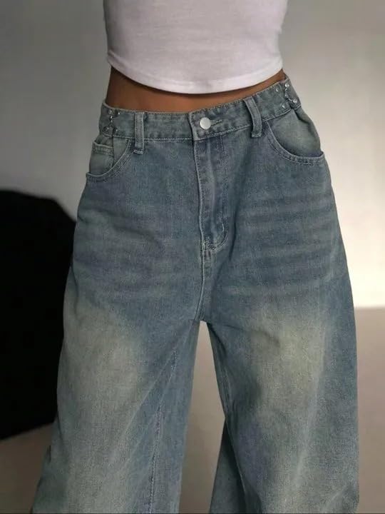 Image of KOTTY Women Trendy Wide Leg Jeans High Waist Baggy Fit Denim Streetwear Jeans