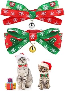 Cobee Christmas Cat Bowtie Collar with Bell, 2 Pieces Xmas Adjustable Kitten Collar Breakaway Safety Cat Bow Tie Collar Holiday Santa Collar for Kitty Small puppy