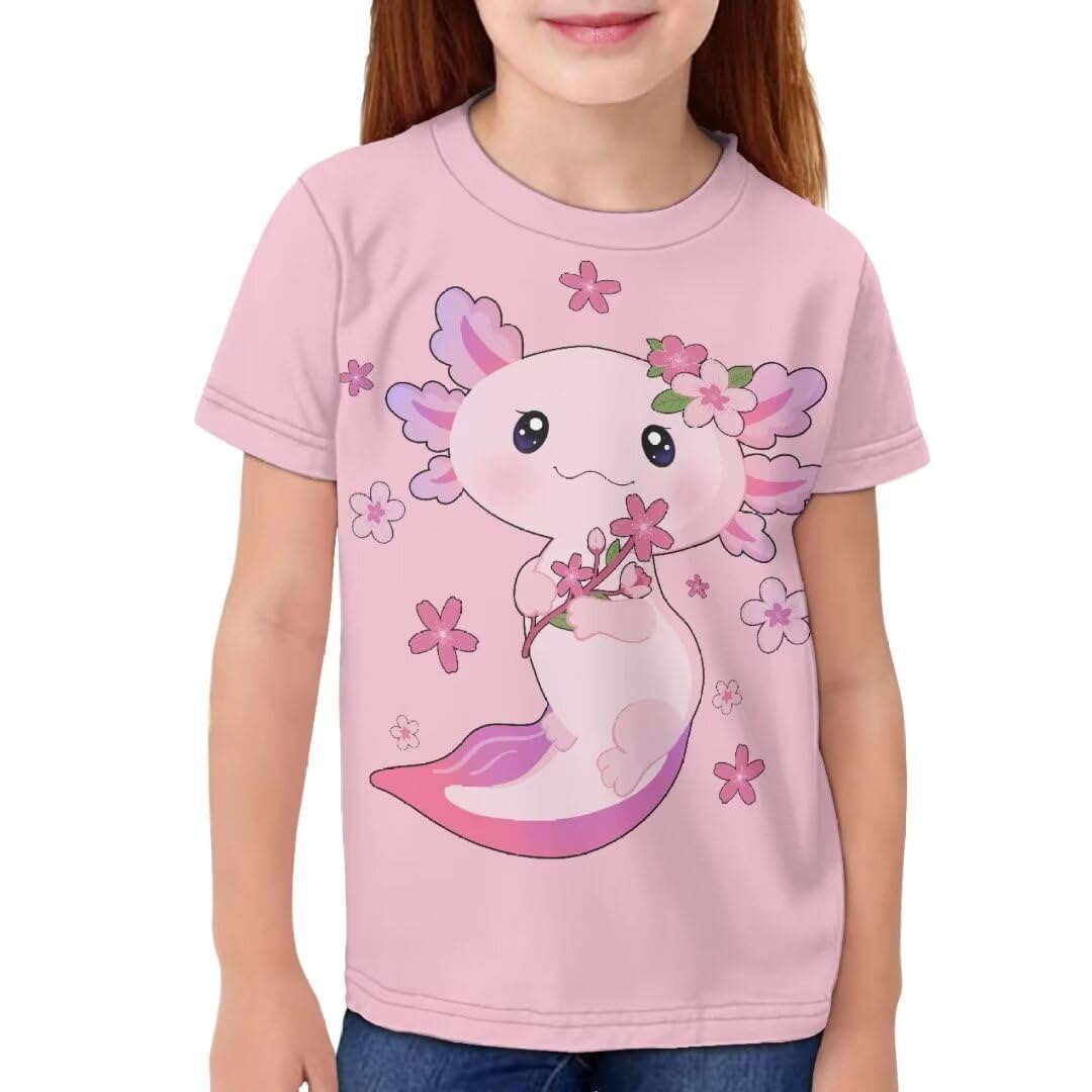 ORGYPET Axolotl Kids T Shits for Summer Pink Summer Blouses for 11-12 Short Sleeve Tee Shirts for Girls Crew Neck Blouses for Travel Breathable Kids Top for Sports Gift for Daughter