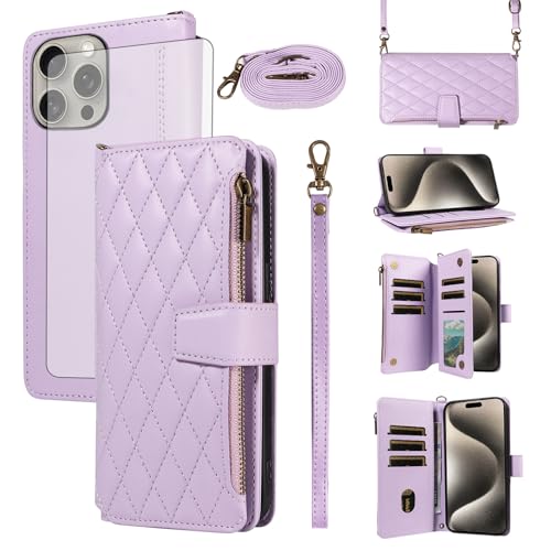 Coque iPhone 15 Pro Max antichoc violette protection écran verre fente carte rabat i15