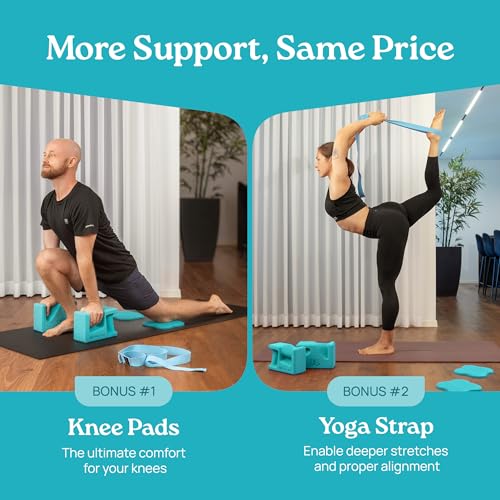 PRO Yoga Blocks | Ergonomic Yoga Block 2 Pack for Wrist Comfort and Support | EVA Foam Exercise Blocks, 2x Knee Pads & Yoga Strap | Pilates Block Set | Bricks to Eliminate Wrist Pain - Image 5