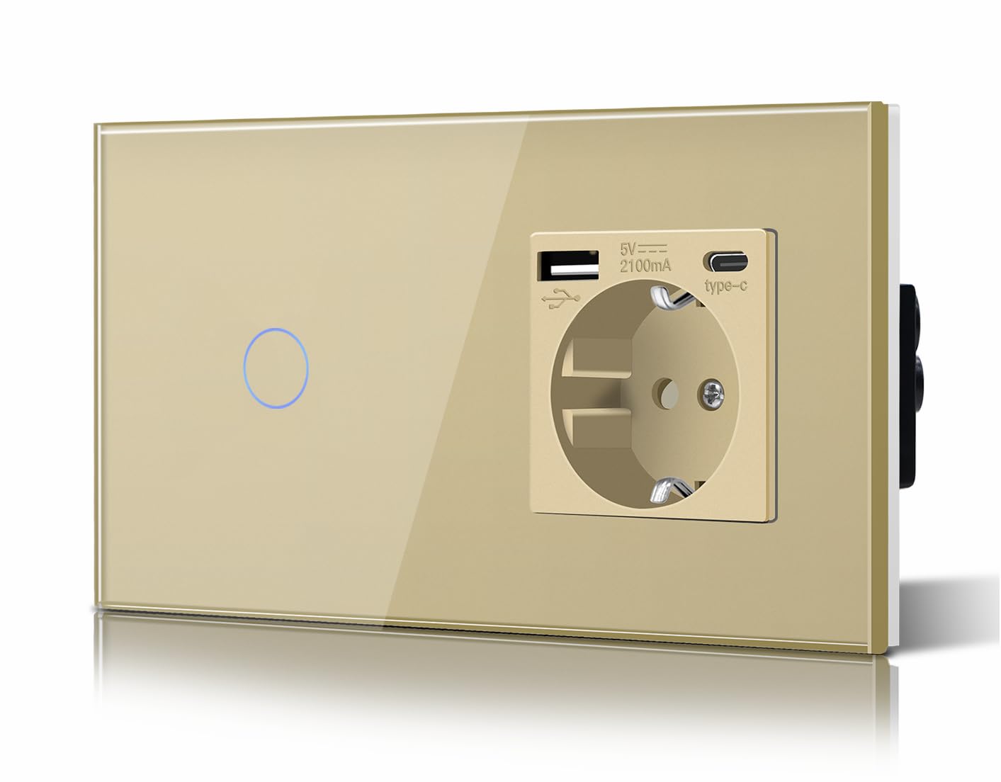 BSEED Touch Lichtschalter mit Steckdose USB C aus Glas, Modern Steckdosen Unterputz, Wandschalter mit LED Hinterlicht (Kein Neutralleiter erforderlich), Kein WLAN, 157mm 1 Fach 1 Weg Gold