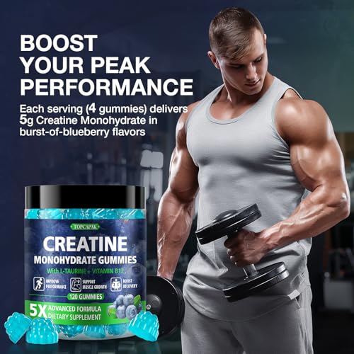 Image of Creatine Gummies for Men & Women - Chewable Creatine Monohydrate Gummies with Taurine & Vitamin B12, 5g Creatine per Serving, Blueberry Flavor, Raspberry-Shaped - 120 Count