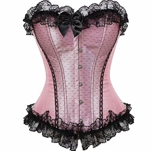 jutrisujo Corset Lingerie for Women Sexy Overlay Trim Lace up Brocade Overbust Bustier Shapewear Plus Size Pink 3XL