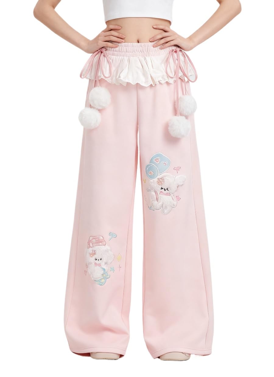 Women Y2k Kawaii 3D Plush Puppy Embroidery Sweatpants Harajuku Cutecore Lace Trim Bow Tie Baggy Casual Wide Leg