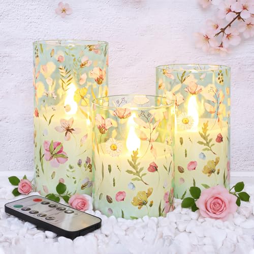Immeiscent Green Glass Flameless Candles with Remote Timer Watercolor Floral Decor Botanical Battery Operated Flicker LED Pillar Candle for Table Centerpiece Wedding Home Decoration, Set of 3