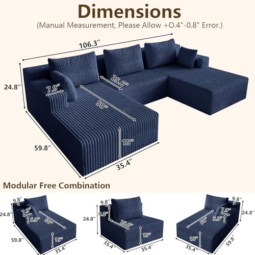 Image of 107 inch Modular Sectional Sleeper Sofa, Boneless Cloud Couch for Living Room, U Shaped 3 Seat Sofa with Deep Seat, Free Combination, Couch in a Box, No Assembly Required (Blue)