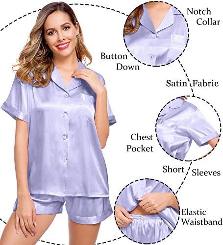 Image of LecGee Womens Silk Satin Pajamas Set Short Sleeve Button Up Sleepwear Loungewear 2 Pcs Pj Sets