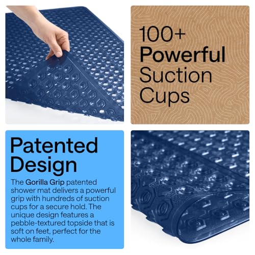 Image of GORILLA GRIP Patented Square Shower Stall Mat, Small Bathtub Floor Mats for Stand Up Showers, Suction Cups and Drainage Holes, Machine Wash, Soft on Feet, Bathroom Accessories 21x21 Inch, Navy Blue