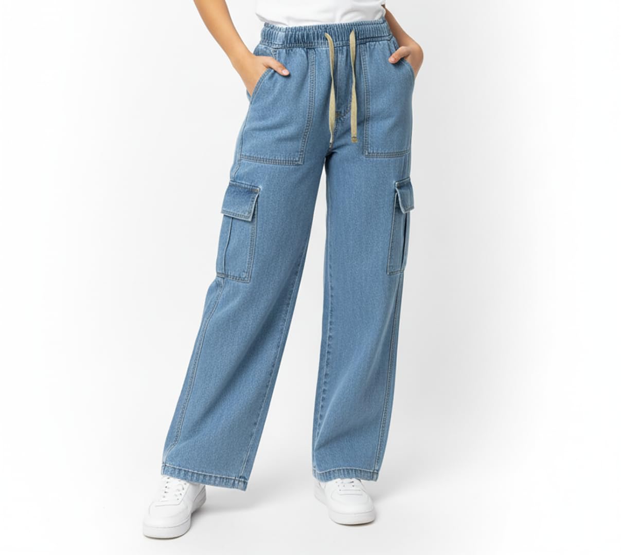 trusha dresses Women’s Wide Leg Cargo Jeans with Elastic Waist & Utility Pockets-picture-39