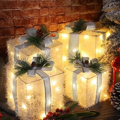 Fovths Set of 4 Christmas Lighted Gift Boxes Christmas Boxes with 80 LED Light String Indoor Outdoor Present Boxes Ornaments for Christmas Decoration, White, 5.1/5.9/6.7/7.48 Inches