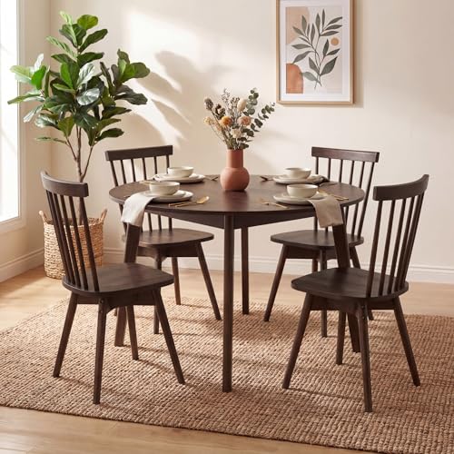 Image of COSTWAY Swivel Windsor Dining Chairs Set of 4, Farmhouse Solid Rubber Wood Kitchen Side Chair w /Curved Spindle Back, Armless Accent Chairs for Home, Dining Room, Living Room, Restaurant (Walnut)