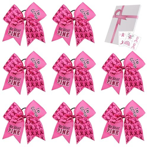 7 Inch Breast Cancer Awareness Cheer Bow Large Glitter Hair Bow Pink Ponytail Holder Elastic Hair Ties for Cheerleader Girls Set of 8
