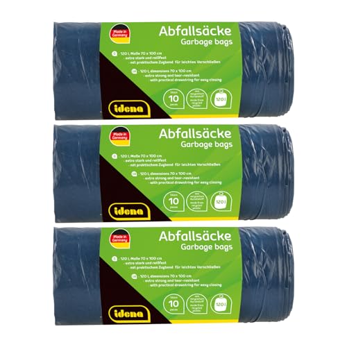 Idena 50056-3 - Abfallsäcke Set, 3 Rollen mit jeweils 10 Stück, blau, 120 Liter, 40µ extra stark und reißfest, mit praktischem Zugband, Zugbandsäcke