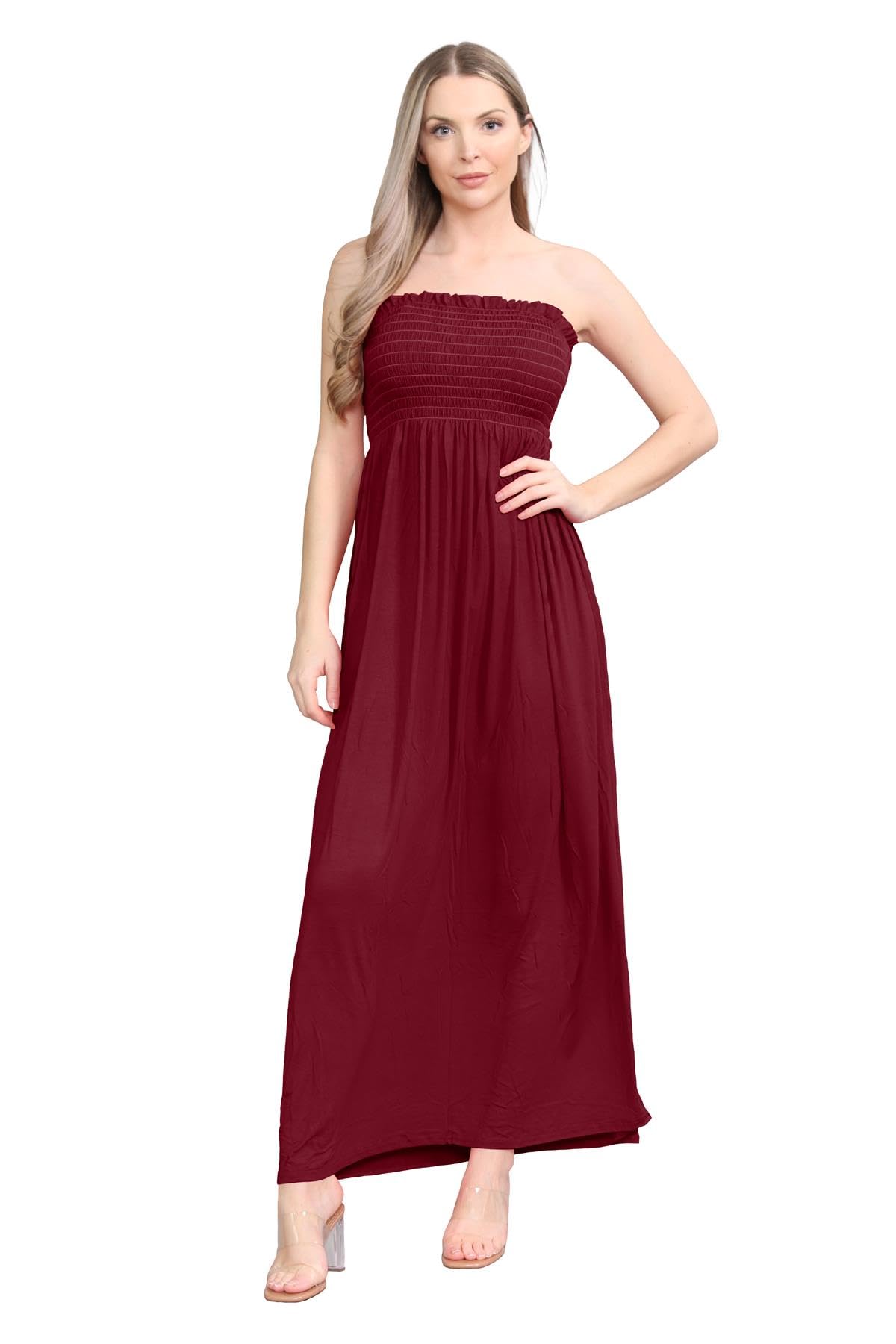 Hamishkane Women's Wine Hamishkane® Plain Maxi Dress, Bandeau Strapless Dress, Sheering Gathered Boobtube Dress, Casual Dresses Long Summer Dresses For Uk