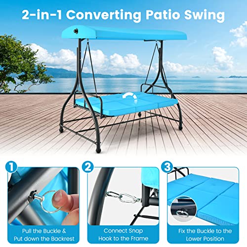 Tangkula 3 Person Porch Swing, 2-in-1 Convertible Patio Bed with Removable Cushions, Solid Steel Structure, Outdoor Swing with Adjustable Canopy for Backyard, Balcony, Poolside (Turquoise)