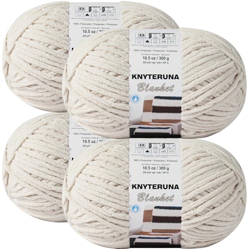 Image of #6 Super Bulky Blanket Yarn for Crocheting - 4 Skeins(Each 10.5oz /300g, 220yds /201m), Chunky Chenille Thick Plush Big Soft Yarn for Crocheting Knitting Blankets, Beige White