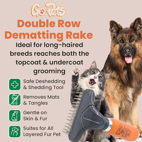 GoPets Double Row Dematting Rake for Dogs & Cats, Undercoat Grooming Brush, Safe Deshedding & Shedding Tool for Thick & Long Coats, Removes Mats & Tangles, Ideal for long-haired dogs - Thumbnail 2