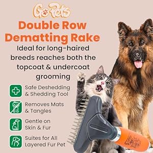 GoPets Double Row Dematting Rake for Dogs Cats Undercoat Grooming Brush Safe Deshedding Shedding Tool for Thick Long Coats Removes Mats Tangles Ideal for long haired dogs