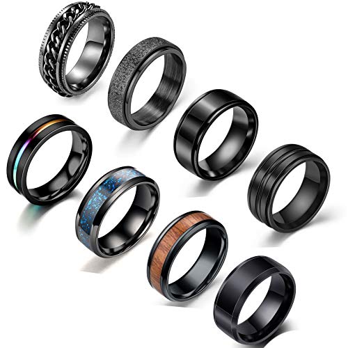 JEWPARK 8Pcs Stainless Steel Black Fidget Band Rings for Women Mens Cool Spinner Rings 6/8MM Wide Wedding Pormise Band Ring Set, Size 9