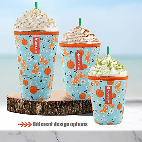 Image of Reusable Iced Coffee Insulator Sleeve for Cold Beverages and Neoprene Cold Coffee Cup Sleeves Cooler Cover 16-32OZ for Coffee Cups, McDonalds, Dunkin Donuts, More (Fresh orange print)